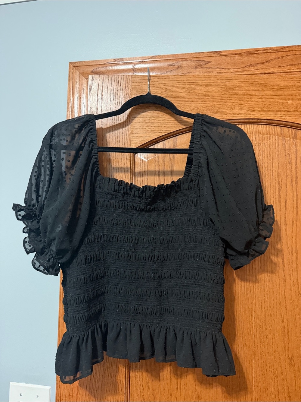 Express Black Smocked Puff Sleeve Off-Shoulder Top